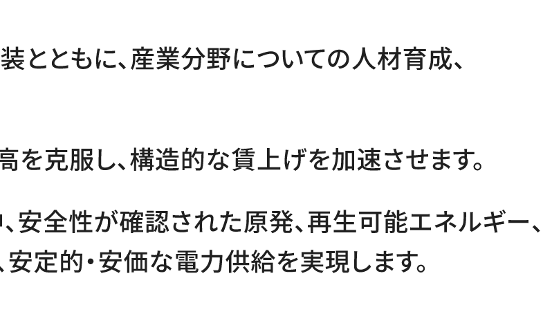 ●日本が強みとする技術の社会実装とともに、産業分野についての人材育成、投資を推し進めます。 ●各方面効果的な支援策で、物価高を克服し、構造的な賃上げを加速させます。 ●電力需要の増加が見込まれる中、安全性が確認された原発、再生可能エネルギー、新しいエネルギー技術を活用し、安定的・安価な電力供給を実現します。